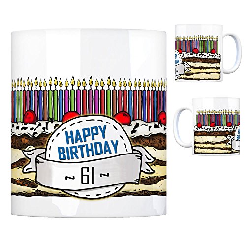 Geburtstagstorte Kaffeebecher zum 61. Geburtstag mit 61 Kerzen Tasse Kaffeetasse Becher Mug Teetasse Büro 61 Jahre Tasse Torte Kuchen 61 Kerzen Geschenkidee Geburtstagstasse Schwarzwälder von trendaffe