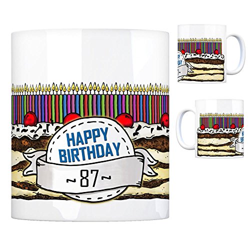 Geburtstagstorte Kaffeebecher zum 87. Geburtstag mit 87 Kerzen Tasse Kaffeetasse Becher Mug Teetasse Büro 87 Jahre Tasse Torte Kuchen 87 Kerzen Geschenkidee Geburtstagstasse Schwarzwälder von trendaffe