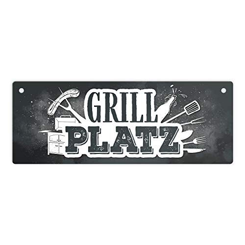 Grillplatz Metallschild in grau Fleisch Wurst grillen Grill Bier Hobby Besteck von trendaffe