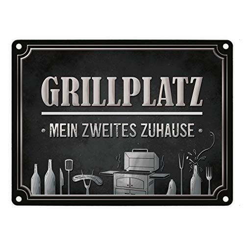 Grillplatz mein zweites Zuhause Metallschild in grau Grill grillen Fleisch Bier von trendaffe