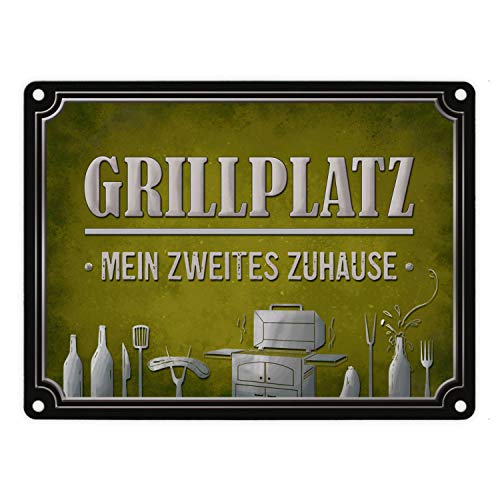 Grillplatz mein zweites Zuhause Metallschild in grün Grill grillen Fleisch Bier von trendaffe