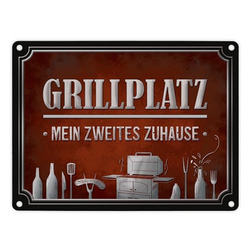 Grillplatz mein zweites Zuhause Metallschild in rot Grill grillen Fleisch Bier von trendaffe