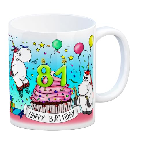 Honeycorns Tasse zum 81. Geburtstag mit Muffin und Einhorn Party Tasse Kaffeetasse Becher mug Teetasse Büro Geburtstag 81. Geburtstag Glückwunsch Party Muffin Kerze Einhorn Einhörner Mädchen Frauen von trendaffe