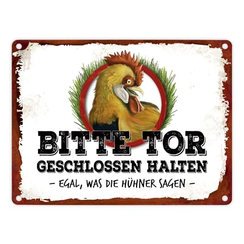 Hühner Metallschild mit Hahn Motiv und Spruch: Bitte Tor geschlossen halten egal von trendaffe