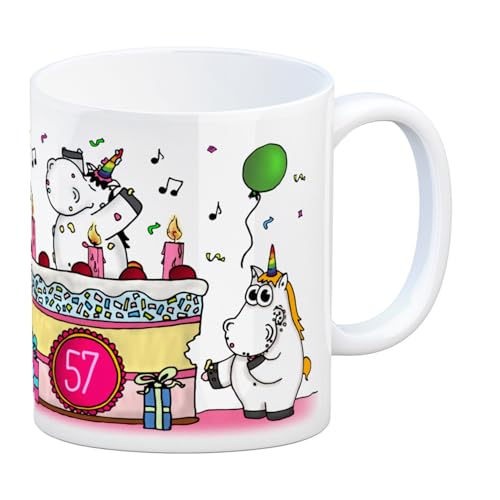 Kaffeebecher mit Einhorn Geburtstagsparty Motiv zum 57. Geburtstag Tasse Kaffeetasse Becher mug Teetasse Büro Unicorn Einhorngeschenk lustig witzig Spruch Einhorntasse kuscheln niedlich Torte Party von trendaffe