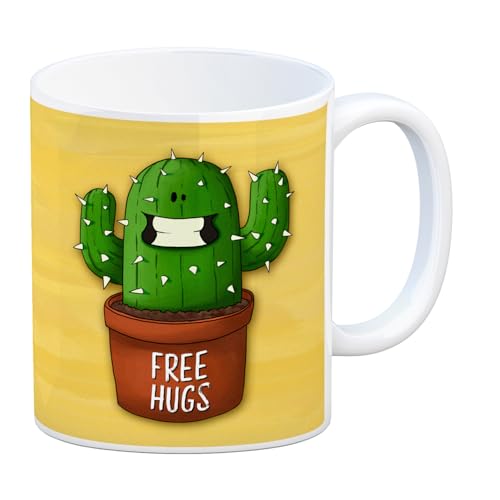 Kaffeebecher mit freundlicher Kaktus Motiv und Spruch: Free Hugs von trendaffe