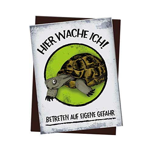 Kühlschrankmagnet mit Schildkröte Motiv und Spruch: Hier wache ich! Betreten auf eigene Gefahr von trendaffe