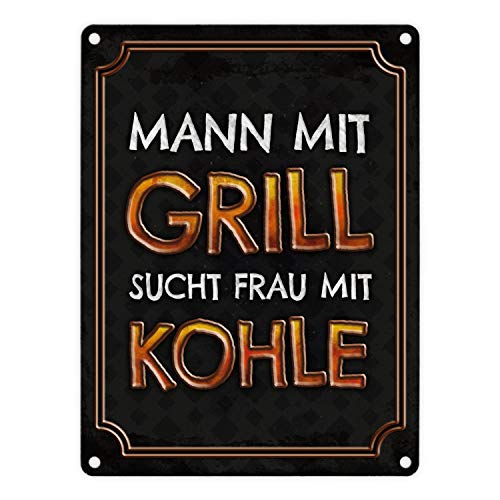 Mann mit Grill sucht Frau mit Kohle Metallschild Single Liebe Hobby grillen von trendaffe