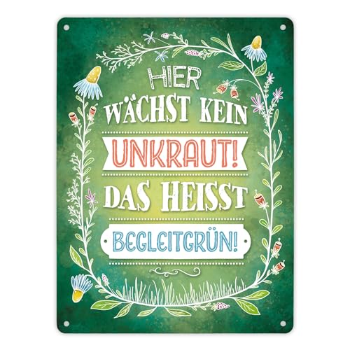 Metallschild XL mit Blumen Motiv und Spruch: Hier wächste kein Unkraut von trendaffe