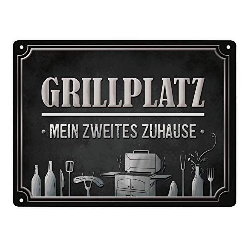 Metallschild XL mit Grill Motiv und Spruch: Grillplatz - mein zweites Zuhause von trendaffe