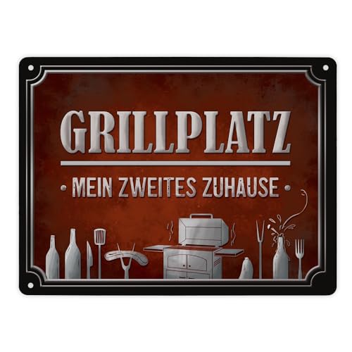 Metallschild XL mit Grill Motiv und Spruch: Grillplatz - mein zweites Zuhause von trendaffe