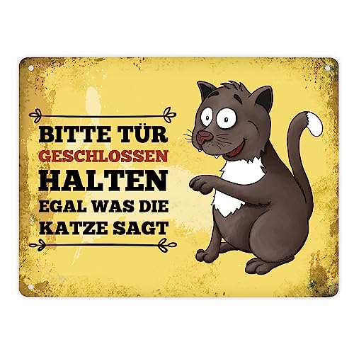 Metallschild XL mit Katze Motiv und Spruch: Bitte Tür geschlossen halten egal was die Katze sagt von trendaffe