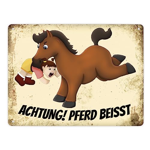 Metallschild XL mit Pferde Motiv und Spruch: Achtung! Pferd beisst von trendaffe