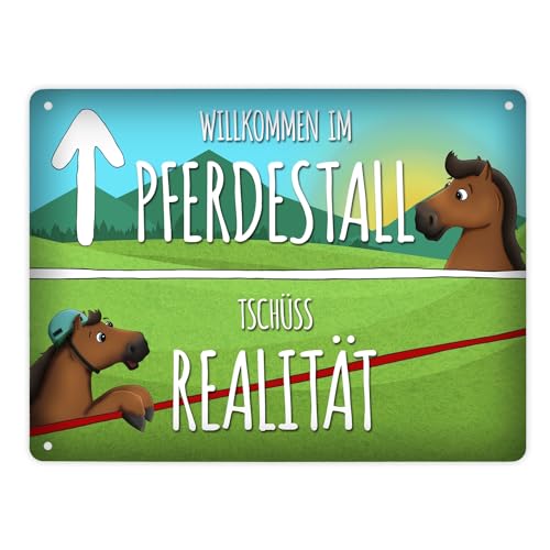 Metallschild XL mit Pferde Motiv und Spruch: Willkommen im Pferdestall von trendaffe