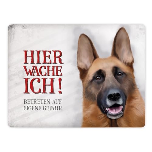Metallschild XL mit Schäferhund Motiv und Spruch: Betreten auf eigene Gefahr - Hier wache ich! von trendaffe