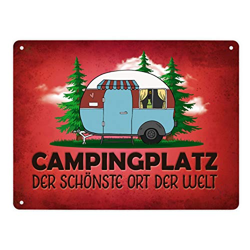 Metallschild XL mit Wohnwagen Motiv und Spruch: Campingplatz von trendaffe