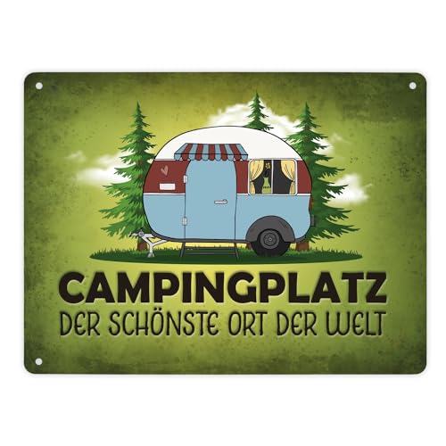 Metallschild XL mit Wohnwagen Motiv und Spruch: Campingplatz von trendaffe