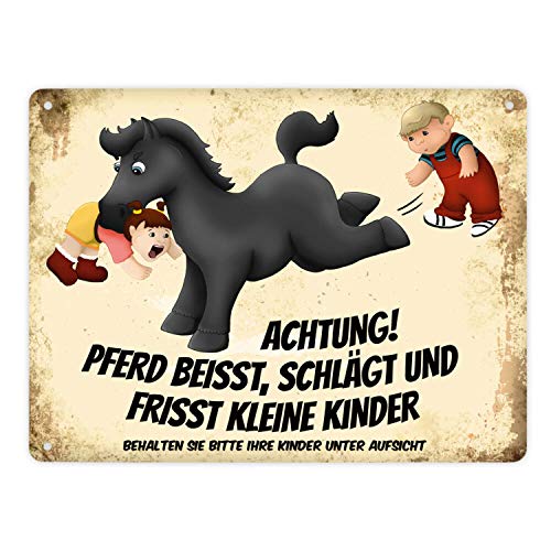 Metallschild XL mit schwarzes Pferd Motiv und Spruch: Achtung! Pferd beisst schlägt und frisst kleine Kinder von trendaffe