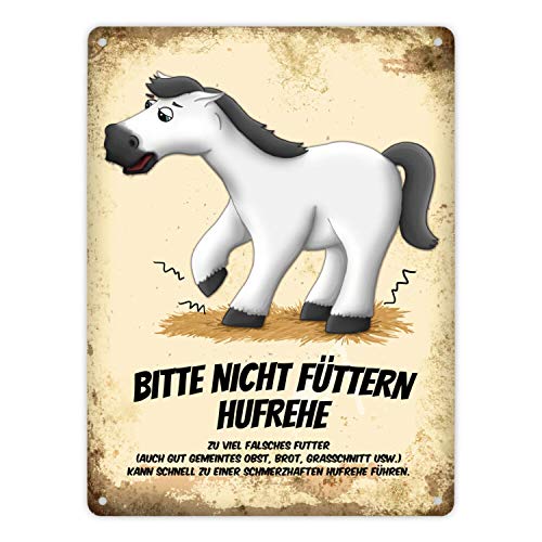 Metallschild XL mit weißem Pferd Motiv und Spruch: Bitte nicht füttern - Hufrehe von trendaffe
