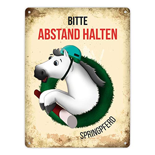 Metallschild XL mit weißem Springpferd Motiv und Spruch: Bitte Abstand halten - Springpferd von trendaffe