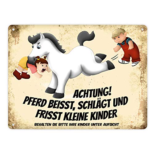 Metallschild XL mit weißes Pferd Motiv und Spruch: Achtung! Pferd beisst schlägt und frisst kleine Kinder von trendaffe
