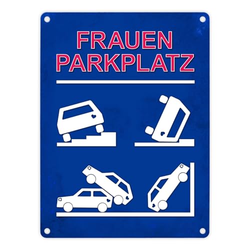 Metallschild mit Frauenparkplatz Motiv Aluminiumschild Blechschild Werbeschild Türschild Warnschild Frauen Frau am Steuer Autofahrerin Chaos Unfall Einparken Blechschild Schild Dekoration oder von trendaffe