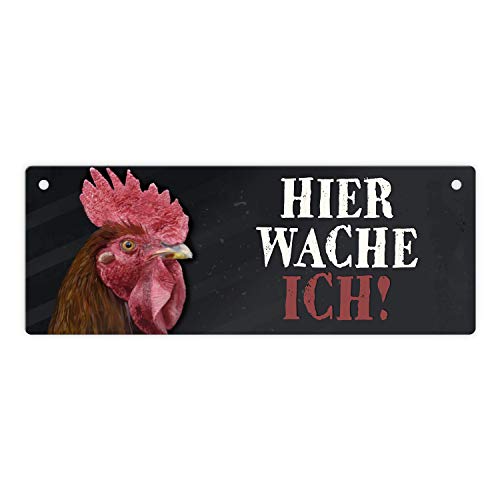Metallschild mit Hahn Motiv und Spruch: Hier wache ich! von trendaffe