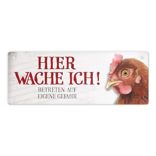 Metallschild mit Huhn Motiv und Spruch: Betreten auf eigene Gefahr - Hier wache ich! von trendaffe