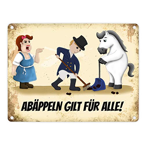 Metallschild mit Reiter und weißes Pferd Motiv und Spruch: Abäppeln gilt für alle von trendaffe