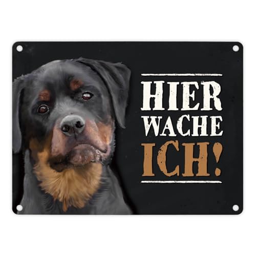 Metallschild mit Rottweiler Motiv und Spruch: Hier wache ich! von trendaffe