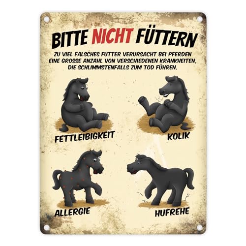 Metallschild mit schwarze Pferde Motiv und Spruch: Bitte nicht füttern von trendaffe