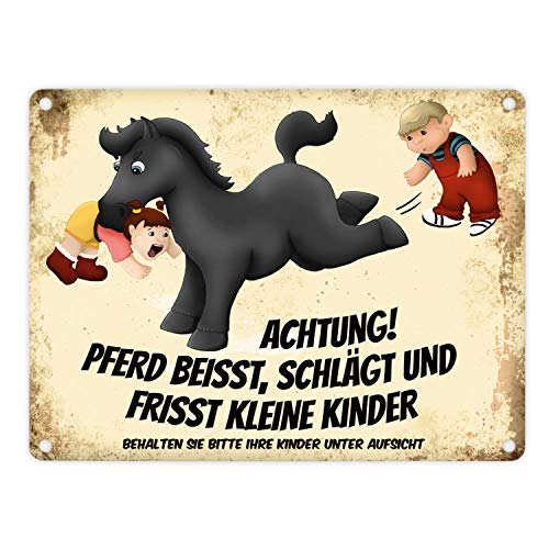 Metallschild mit schwarzes Pferd Motiv und Spruch: Achtung! Pferd beisst schlägt und frisst kleine Kinder von trendaffe