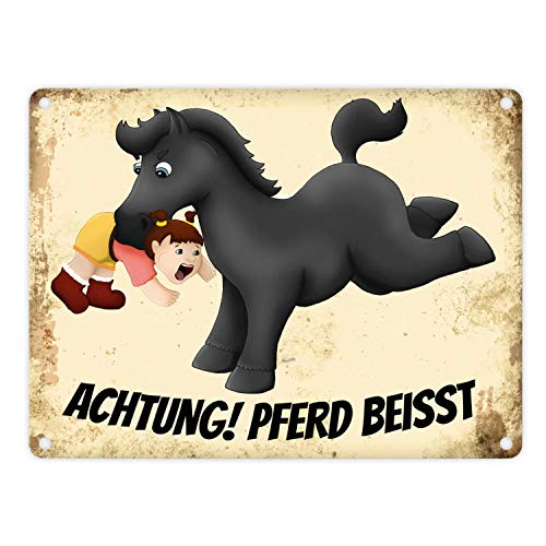 Metallschild mit schwarzes Pferd Motiv und Spruch: Achtung! Pferd beisst von trendaffe