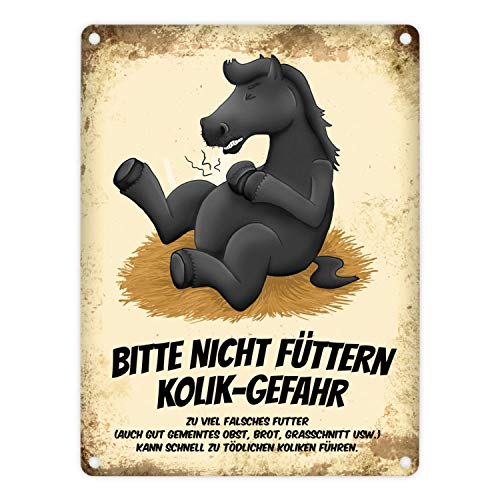 Metallschild mit schwarzes Pferd Motiv und Spruch: Bitte nicht füttern - Kolik-Gefahr von trendaffe