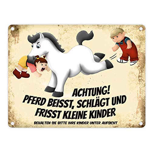 Metallschild mit weißes Pferd Motiv und Spruch: Achtung! Pferd beisst schlägt und frisst kleine Kinder von trendaffe