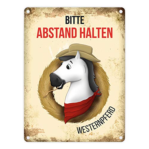 Metallschild mit weißes Pferd Motiv und Spruch: Bitte Abstand halten - Westernpferd von trendaffe
