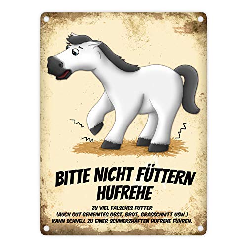 Metallschild mit weißes Pferd Motiv und Spruch: Bitte nicht füttern - Hufrehe von trendaffe