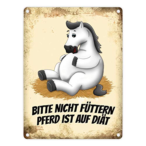 Metallschild mit weißes Pferd Motiv und Spruch: Bitte nicht füttern - Pferd ist auf Diät von trendaffe