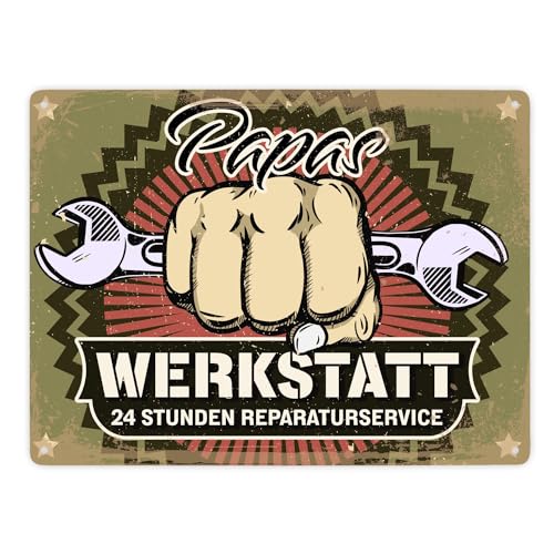 Papas Werkstatt 24 Stunden Reparaturservice Metallschild XXL mit Faust Werkzeug grafische Elemente Motiv von trendaffe
