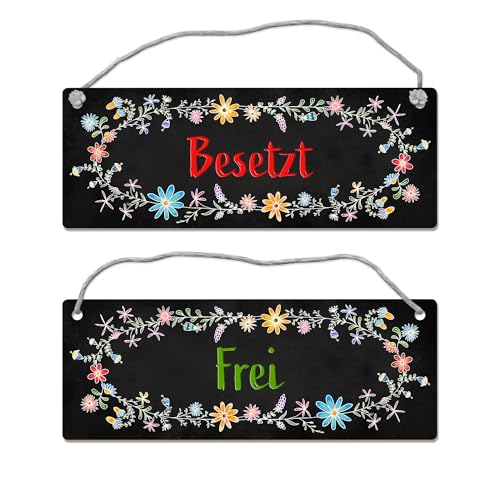 Schwarzes Toilette ist frei oder besetzt Wendeschild mit Blumen Motiv und Kordel von trendaffe