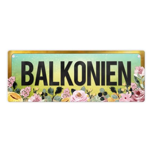 Urlaub Metallschild mit Blumen Motiv und Spruch: Balkonien Schild Zuhause Ferien von trendaffe