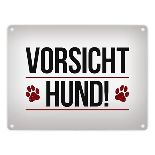 Vorsicht Hund! Metallschild mit Pfoten Motiv in rot Warnung Hinweis Achtung von trendaffe