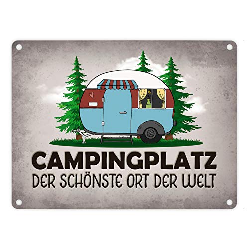 Campingplatz Metallschild in grau mit Wohnwagen Motiv Wohnmobil Urlaub Hobby Ort von trendaffe