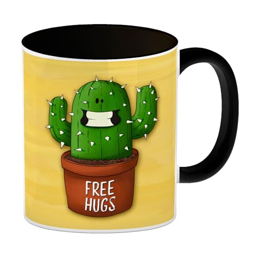 trendaffe Free Hugs Kaffeebecher Henkel und Innenseite Schwarz mit Kaktus Motiv von trendaffe