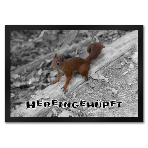 trendaffe Hereingehüpft Fussmatte mit Eichhörnchen Wald Schuhabstreifer mit niedlichem Nager in grau und orange-braun von trendaffe