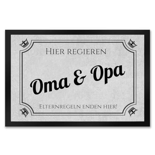 trendaffe - Hier regieren Opa und Oma Fußmatte XXL in 50x75 cm - Elternregeln Enden Hier in grau mit Krone die Eltern-Regeln Schmutzfangmatte als Geschenk zum Geburtstag, Weihnachten oder von trendaffe