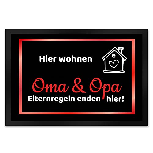 trendaffe - Hier wohnen Opa und Oma Fußmatte XL in 40x60 cm - Elternregeln Enden Hier in rot die Großeltern Schmutzfangmatte als Geschenk zum Geburtstag, Weihnachten oder Goldener Hochzeit für von trendaffe -