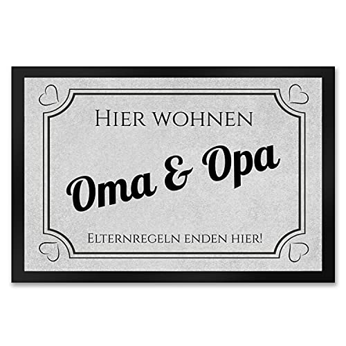 trendaffe - Hier wohnen Opa und Oma Fußmatte XXL in 50x75 cm - Elternregeln Enden Hier in grau mit Herz die Omi und Opa Schmutzfangmatte als Geschenkidee für die liebsten Menschen auf der Welt von trendaffe -