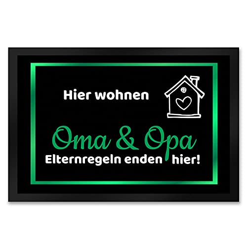 trendaffe - Hier wohnen Opa und Oma Fußmatte XXL in 50x75 cm - Elternregeln Enden Hier in grün die Großeltern Schmutzfangmatte als Geschenk zum Geburtstag, Weihnachten oder Goldener Hochzeit von trendaffe -