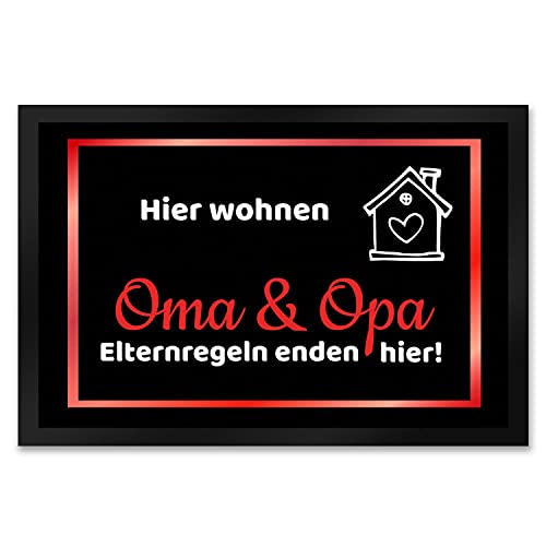 trendaffe - Hier wohnen Opa und Oma Fußmatte XXL in 50x75 cm - Elternregeln Enden Hier in rot die Großeltern Schmutzfangmatte als Geschenk zum Geburtstag, Weihnachten oder Goldener Hochzeit von trendaffe -